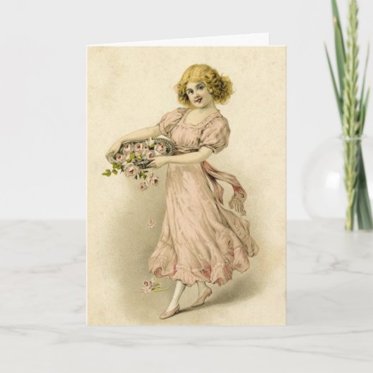 Carte Vintage fille avec Roses (Devant)
