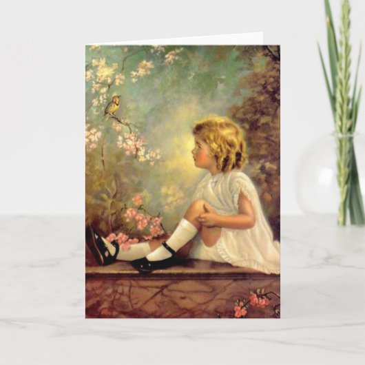 Carte Vintage fille et oiseau (Devant)