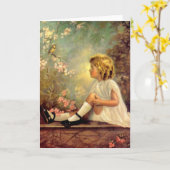 Carte Vintage fille et oiseau (Fleur jaune)