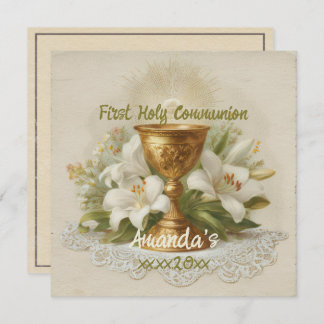 Carte Vintage First Holy Communion Chalice White Lilies