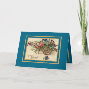 Carte vintage fleurs chariot floral Joyeux Anniver