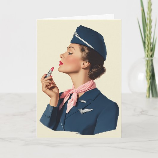 Carte Vintage Flight Attendant Applying Lipstick (Devant)