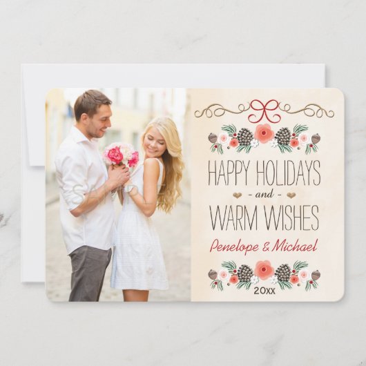 Carte vintage Florale Pine Cone Photo Holiday (Devant)