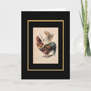 Carte vintage garçon sur coq