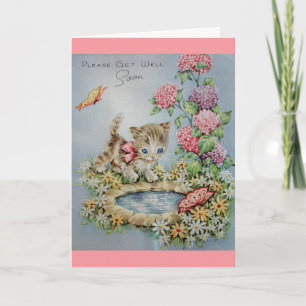 Carte Vintage Get Well - Kitten et Butterflies