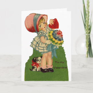 Carte Vintage Girl With Dog Valentine Greeting Card