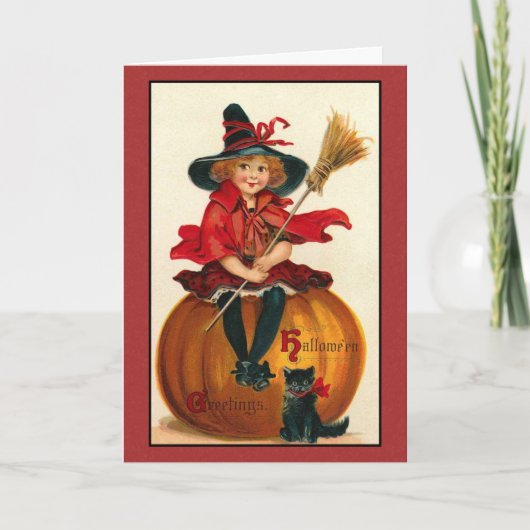 Carte vintage Halloween Chat et Fille (Devant)