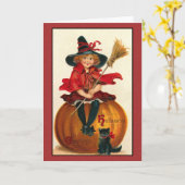 Carte vintage Halloween Chat et Fille (Fleur jaune)