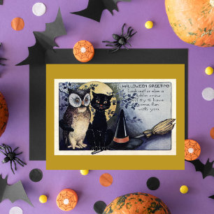 Carte Vintage Halloween Chat noir et hibou sorcière Casq