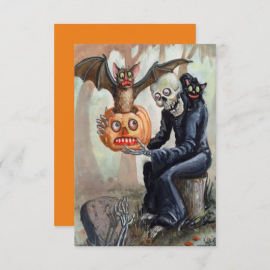 Carte Vintage Halloween Citrouille Graveyard Éffrayant A (Devant / Derrière)