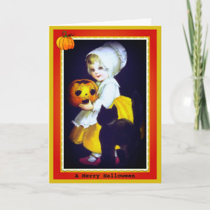 Carte vintage Halloween de petite fille et chat no