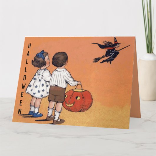 Carte Vintage Halloween Enfants Citrouille sorcier (Devant)