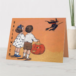 Carte Vintage Halloween Enfants Citrouille sorcier