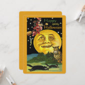 Carte Vintage Halloween Lune, sorcière, hibou et chats (Devant/Arrière en situation)