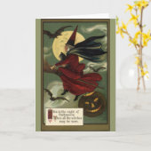 Carte Vintage Halloween sorcière Broomstick avec chat (Fleur jaune)
