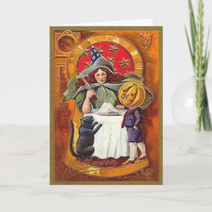 Carte Vintage Halloween Witch et Citrouille Head Boy