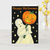 Carte vintage heureuse de fantôme et de citrouille (Fleur jaune)