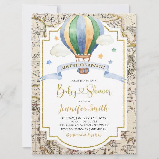 Carte vintage Hot Air Balloon Adventure Baby showe (Devant)
