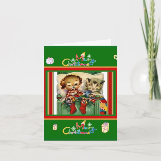 Carte Vintage jolie Joyeux Kittens de Noël Chien (Devant)