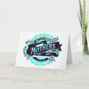Carte Vintage Joyeuse Fête des Mères Vert Violet Floral