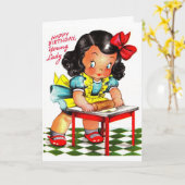 Carte Vintage - Joyeux Anniversaire, Jeune Dame, (Fleur jaune)