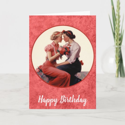 Carte Vintage Joyeux Anniversaire Lesbian Couple (Devant)