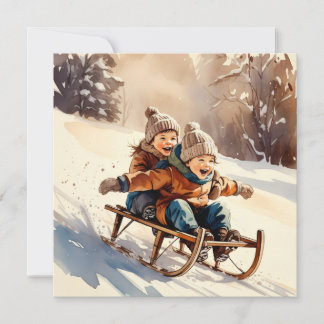 Carte Vintage Kids Sled Ride Watercolor Winter Card