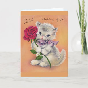 Carte Vintage - Kitten Offre un Rose,