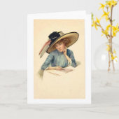 Carte Vintage - Lady Écrire une lettre, (Fleur jaune)