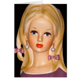 Carte vintage Lady Head Ado Girl Purple Bows 1960