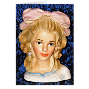 Carte vintage Lady Head Vase Ado Pink Bow 1960