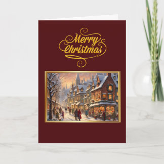 Carte Vintage Merry Christmas with Snowy Town Card