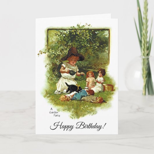 Carte Vintage Mignonne Fille Au Jardin Anniversaire (Devant)