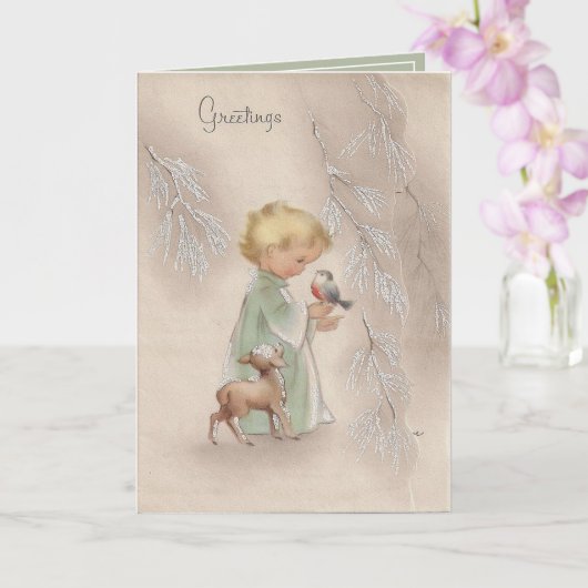 Carte Vintage Noël Blonde Baby Oiseau agneau (Orchidée)