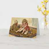 Carte Vintage Noël enfant et chien (Fleur jaune)