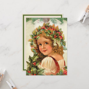 Carte Vintage Noël Enfant Holly Feuilles dans ses cheveu