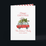 Carte Vintage Noël grange rustique<br><div class="desc">Ambiance festive avec cette amusante aquarelle et le design des arbres de Noël. Une belle voiture rouge peinte à la main et un arbre vert, donne une atmosphère rustique traditionnelle, qui est complétée par une police de caractères moderne, tendance, audacieuse. Le texte peut être personnalisé avec votre nom de famille...</div>