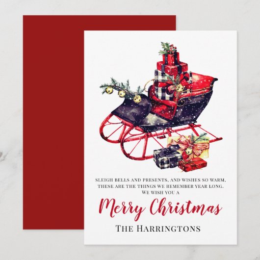 Carte Vintage Noël Red Sleigh Salutation victorienne (Devant / Derrière)