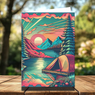 Carte Vintage Pink et Turquoise Camping Thème Anniversai