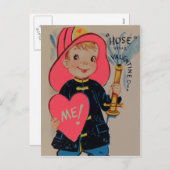 Carte vintage Retro Boy Fireman Valentine (Devant / Derrière)