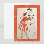 Carte vintage Retro Christmas Woman Snowman (Devant / Derrière)