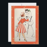Carte vintage Retro Christmas Woman Snowman<br><div class="desc">Une illustration d'inspiration assez vintage qui montre une femme en robe rayée rouge et blanche en mettant une cravate sur un bonhomme de neige souriant dans un chapeau supérieur. Il y a une bordure orange révérée autour de l'image pour correspondre à la couleur de la robe de la femme. Au-dessus...</div>