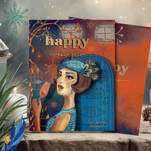 Carte Vintage Retro Nouvel An Orange Bleu