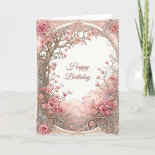 Carte Vintage rose Floral Art Nouveau Anniversaire