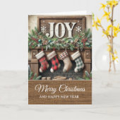 Carte Vintage Rustic Joy Fireplace Merry Christmas (Fleur jaune)