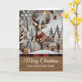 Carte Vintage Rustic Reindeer Merry Christmas (Fleur jaune)