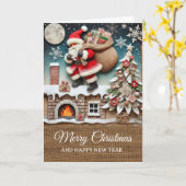 Carte Vintage Rustic Santa Chimney Merry Christmas  (Fleur jaune)