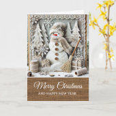 Carte Vintage Rustic Snowman Merry Christmas  (Fleur jaune)