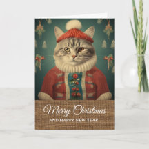Vintage rustique drôle de chat en costume de Noël 