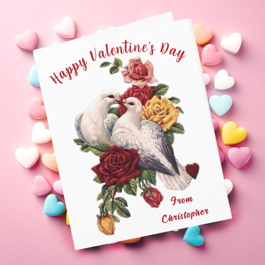 Carte vintage Saint Valentin Doves Florales Coeurs